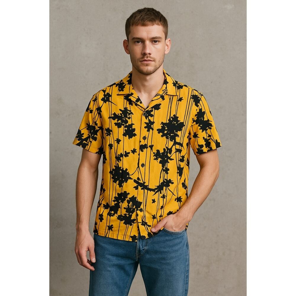 Zara Man Relaxed Fit Mustard Yellow Black Abstract Floral Short Sleeve Shirt S